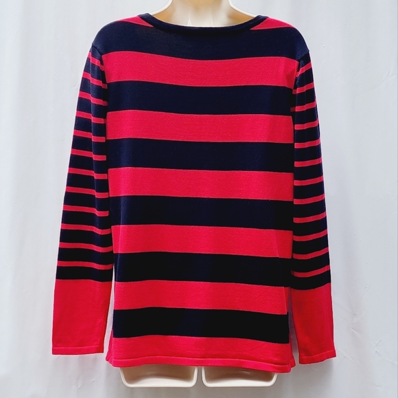 Tommy Hilfiger Cotton Striped Red Blue Pullover Sweater with Logo Women's Size L - Picture 5 of 10